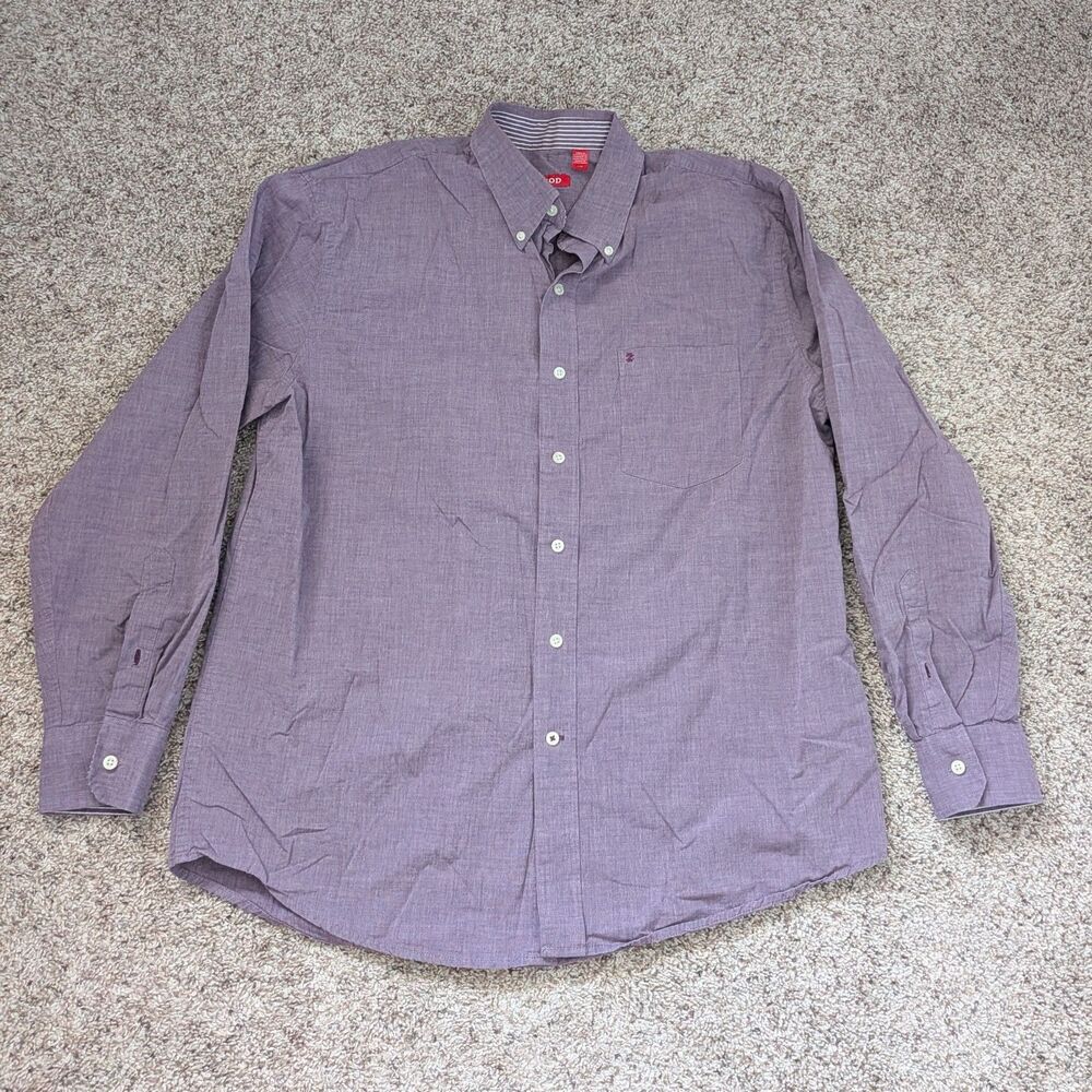 IZOD Shirt Men's Large Purple Solid Button Up Long Sleeve Cotton Casual